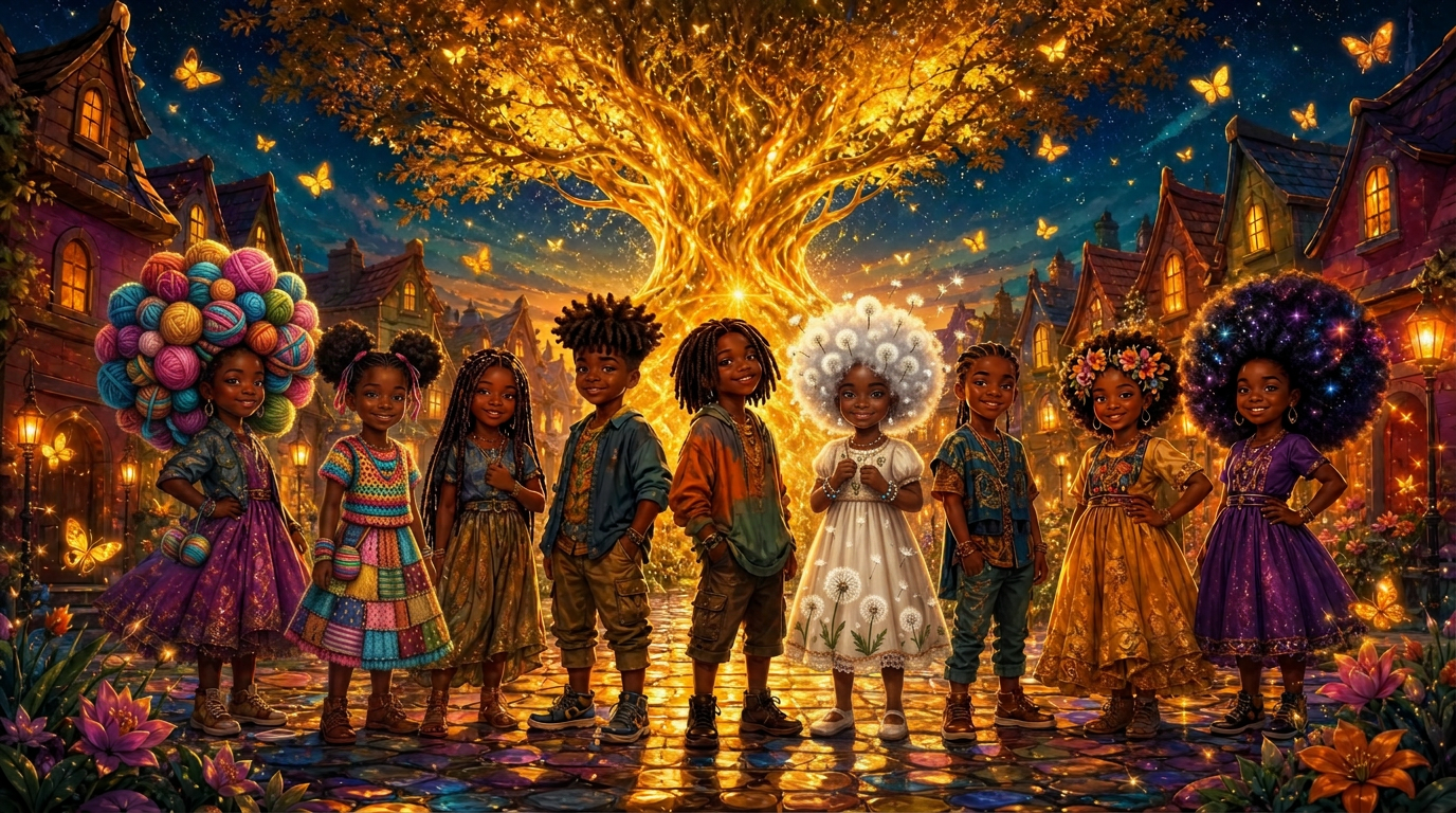 The children of Crownsville gathered in front of the glowing Root Tree at sunset